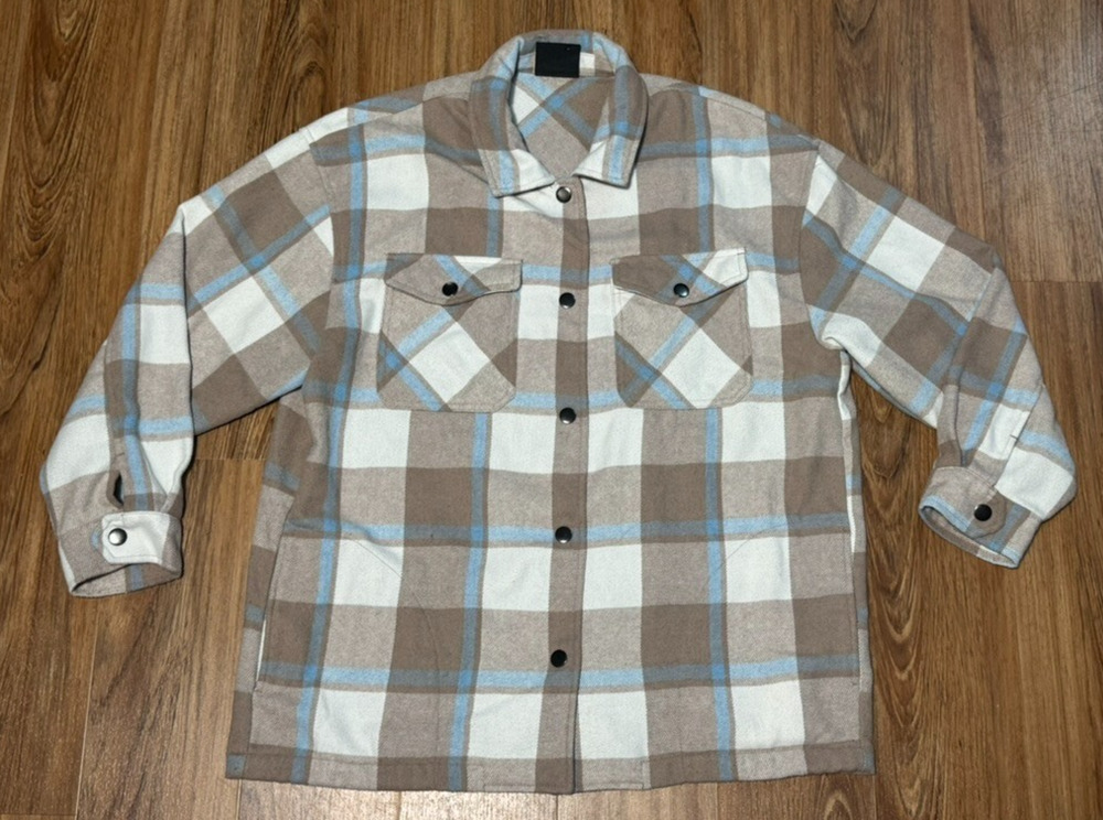HFX Plaid Flannel Shirt Jacket Beige Blue Snap Closure Pockets - Women's Size M